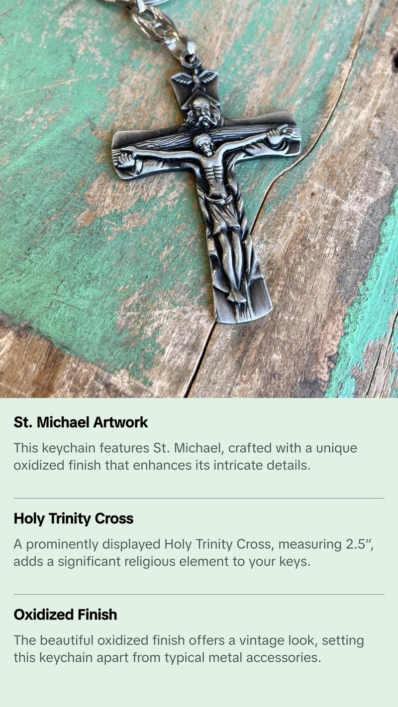 Saint Michael Oxidized Keychain with Cross and Eagle Design Saint Michael Oxidized Keychain with Cross and Eagle Design