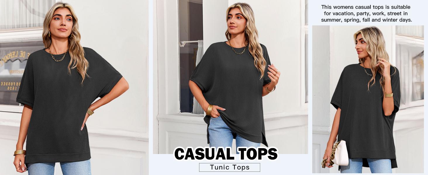 Tankaneo Womens Oversized T Shirts Summer Casual Ribbed Batwing Short Sleeve Tunic Tops Loose Fit Dolman Sleeve Tees