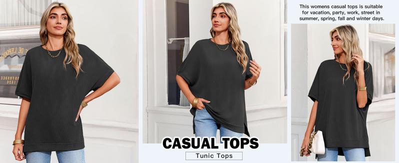 Tankaneo Womens Oversized T Shirts Summer Casual Ribbed Batwing Short Sleeve Tunic Tops Loose Fit Dolman Sleeve Tees