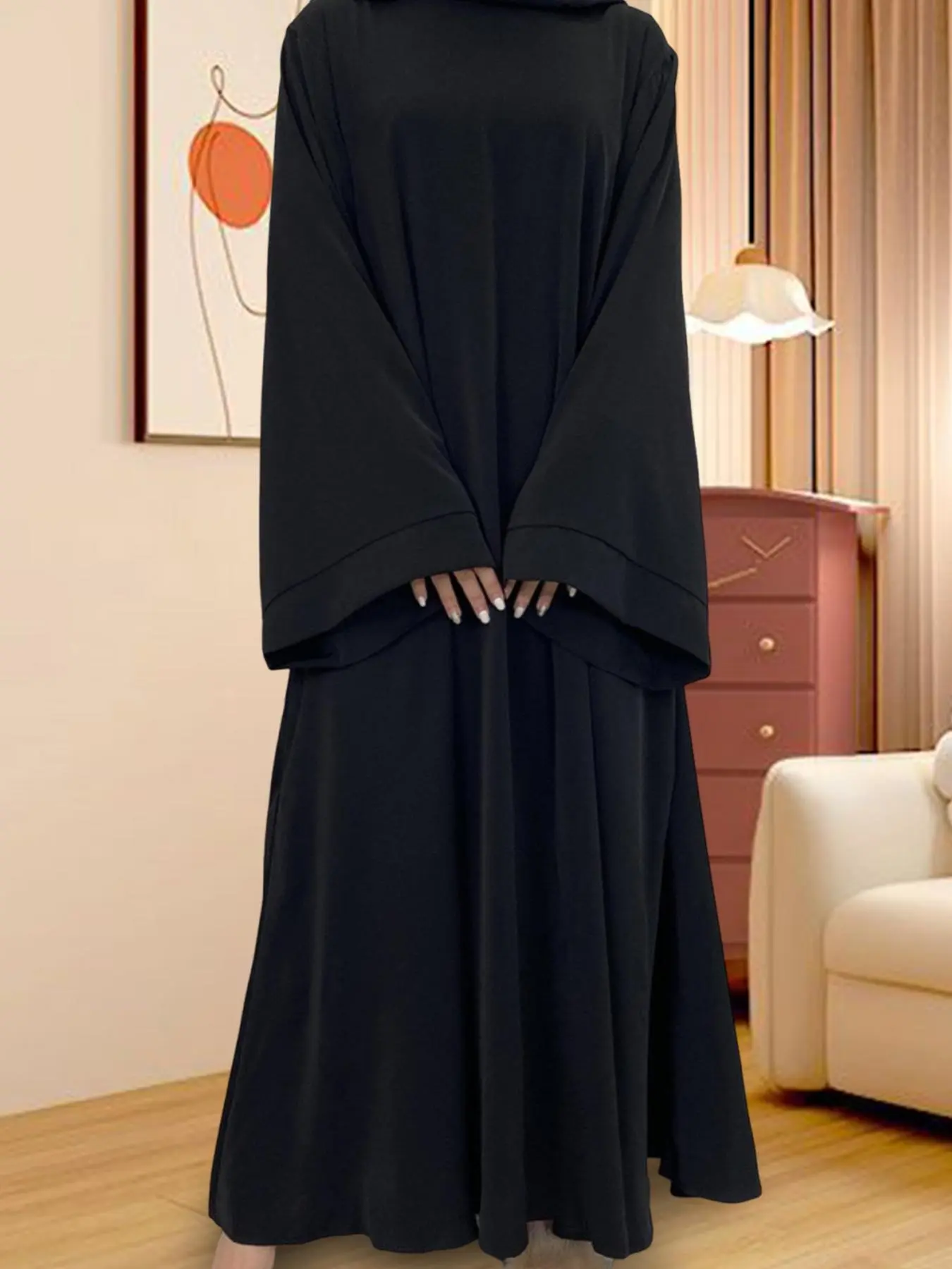 Women's Solid Long Sleeve Open Front Islamic Abaya, Open Front Abayas, Muslim Clothing, Casual Comfy Muslim Sleepwear & Loungewear for Daily Wear, Ladies Sleepwear for All Seasons