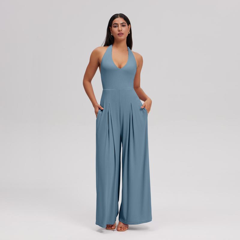 OQQ Women's Ribbed Backless One-Piece Jumpsuits - Wide Leg Sleeveless Deep V-Neck Casual Fashion Sporty Aesthetic Chic Everyday Outfit