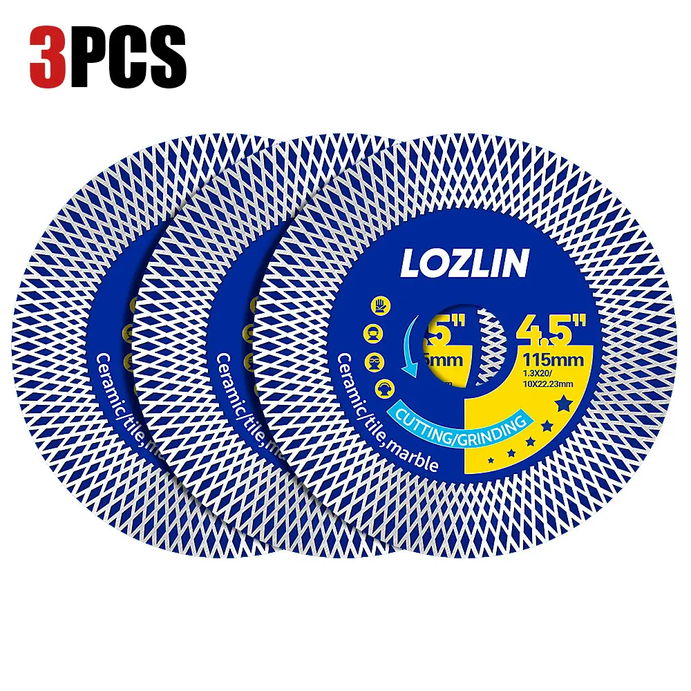 LOZLIN 3PCS 4.5" Mesh Turbo Diamond Saw Blades for Angle Grinders, Ultra-Thin Dry Cutting and Edge Grinding Discs for Sintered Stone, Porcelain Slabs, Ceramic Tile and Marble