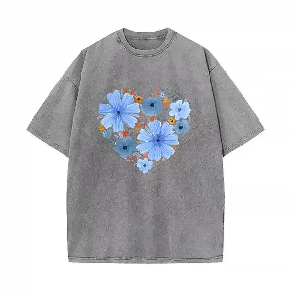 Men's Vintage Washed Oversized Graphic Tee, 100% Cotton Distressed Short Sleeve T-Shirt, Blue Floral Heart Print Aesthetic Streetwear Summer Tops, Casual Y2K Fashion Trendy Graphic Tees for Men & Teen Boys Daily Wear Retro Wash Outfit, Viral Hip Hop Tops.