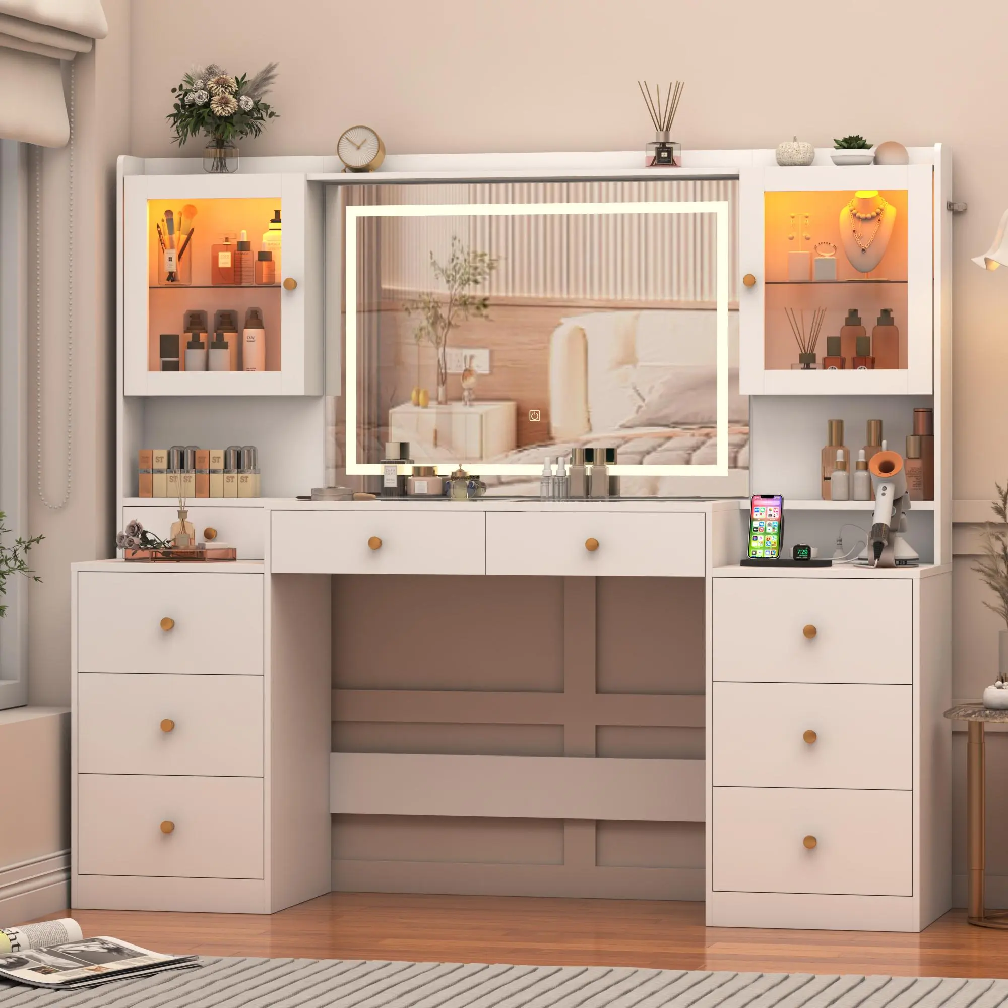 62" Large Vanity Desk w/ Tempered Glass Top,60000-color LED Lights,Power Outlet, Make up Vanity w/ 3 Lights Mode LED Mirror,2 RGB Cabinet LED Vanity Table for Women,Girls (White/Black)