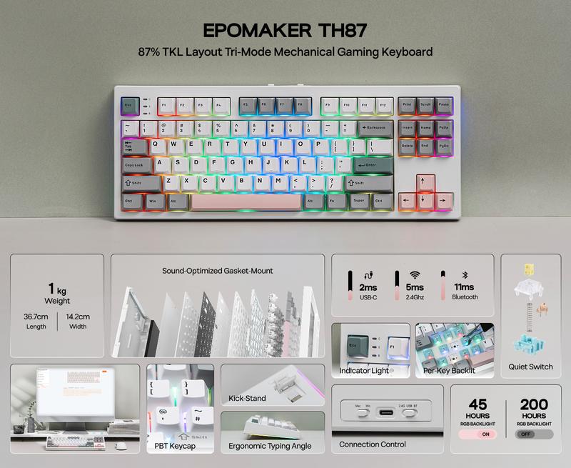 EPOMAKER TH87 Wireless Mechanical Keyboard TKL Layout Tri-Mode USB-C/BT 5.0/2.4GHz Wired Hot Swappable Custom PBT Keycap RGB Backlit Gasket Gaming Keyboard for PC/Mac creamy keyboard keyboards for gaming TikTokShopJumpstartSale