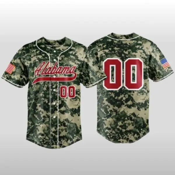 2026 Alabama Crimson Tide Digital Camo Baseball Jersey, Custom Number Digital Camo Baseball Jersey | Unisex Button-Up Tee