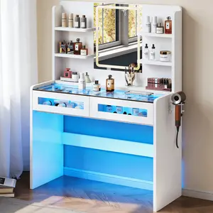 Vanity Desk with LED Lights Mirror & Power Outlet, Transparent Top Vanity with 2 RGB Drawers, 3 Lighting Modes & Adjustable Brightness, Dressing Table for Women Girls Bedroom, White