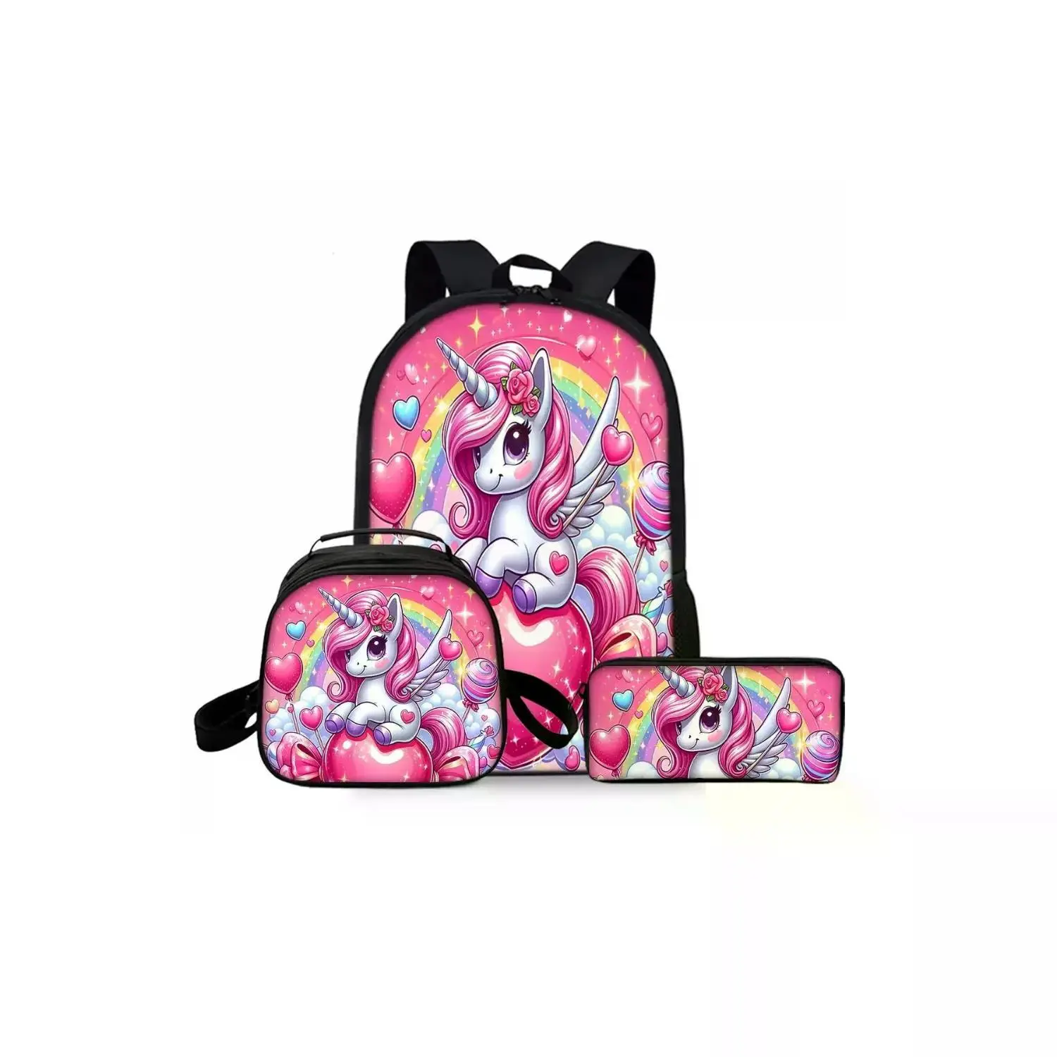 Unicorn Pattern 17-Inch Backpack Set - Includes Backpack, Round Lunch Bag with Strap & Pencil Case - Cute and Versatile for School