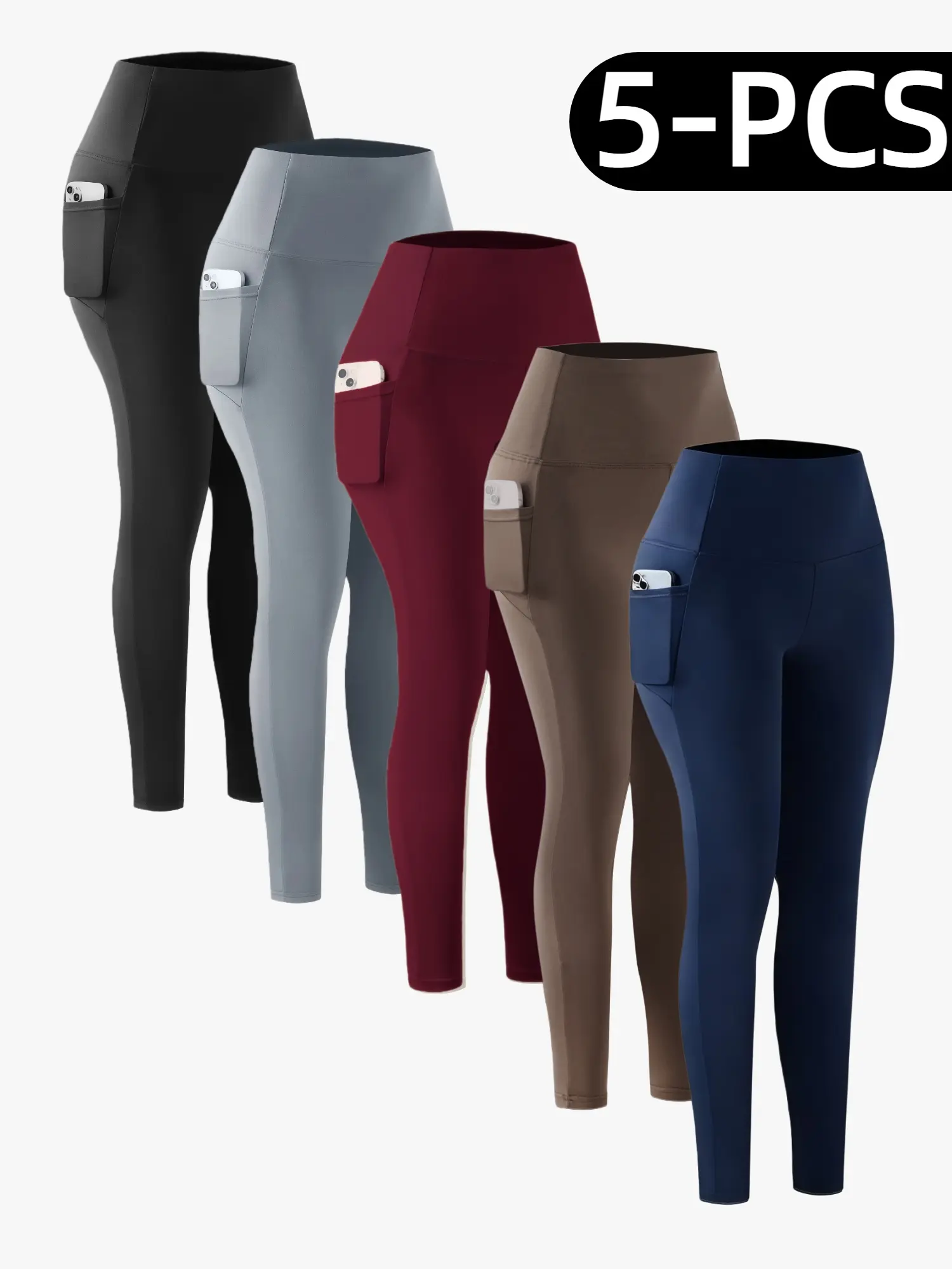 OKP Women's 5-Pack Solid High-Waist Pocket Sports Leggings - Comfy Breathable Skinny Active Gym Pants, Athleisure Fitness Pants for Yoga, All-Season Women's Clothes, Clothes For Women,clothes for back to school,first day of school outfits