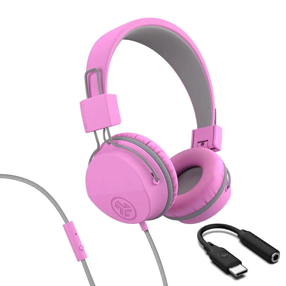 JLab Kids Volume Safe Headphones JBuddies Studio On-Ear Wired USB-C + 3.5mm Connection Stainless Steel Headband Memory Foam Cushions Ages 6+