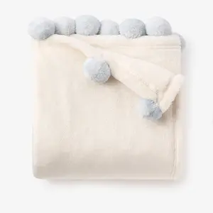 Pale Blue Pom Trim Fleece Baby Stroller Blanket