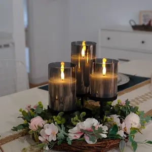LED Flameless Candles Powered by Batteries (Batteries Not Included), Gray Candle Lights, Festive Candle Holders, Holiday Decorations, Modern Design, Stylish Decor, Flameless Candles, Tabletop Candles, Perfect for Family Gatherings