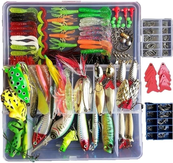 SUNDAY MIRTH 275Pcs Fishing Lure Set Kit Soft and Hard Lure Baits Tackle Set Bionic Bass Trout Salmon Minnow Popper Crank Rattlin Pencil Plastic Topwater Frogs Lure Metal Lures Spinner