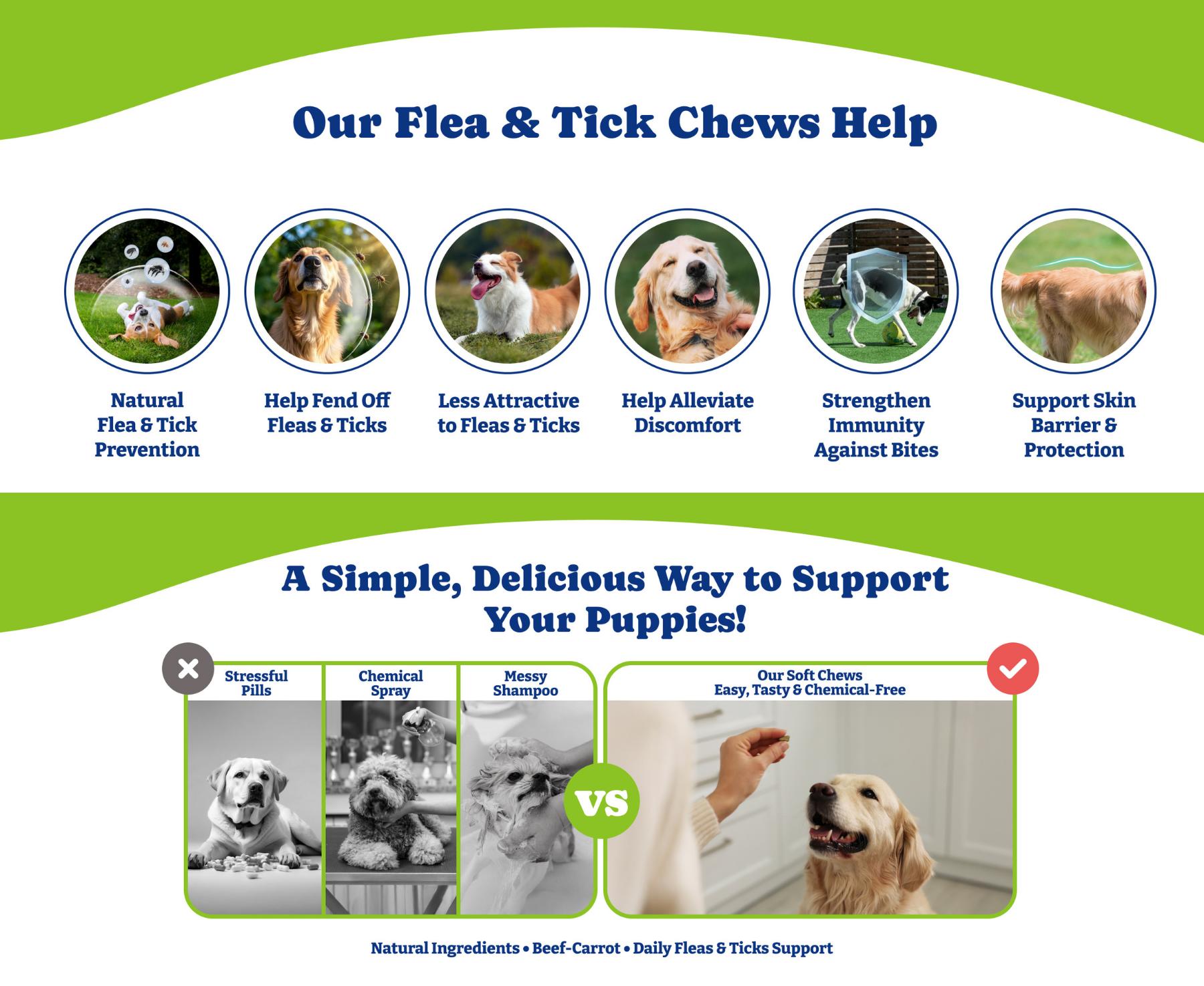 Flea & Tick Prevention for Dogs Chewables, YoYoBay Natural Dog Fleas and Ticks Control Supplement, Dogs Supplement, Natural Shield 5-in-1 Protection, Beef & Carrot Flavor, 70 Soft Chews