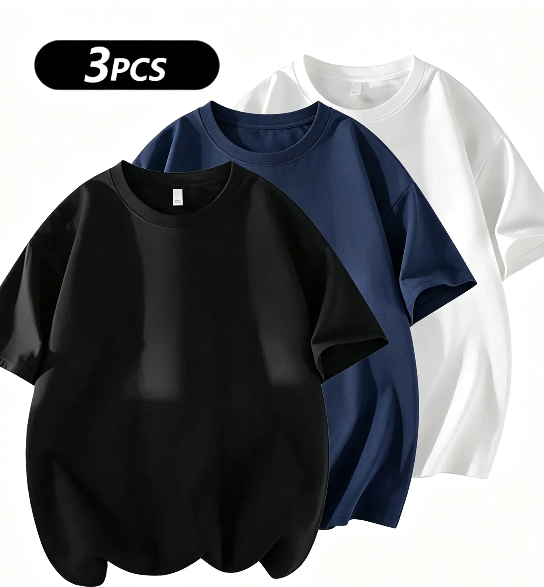 3 Pack Men's 100% Cotton Basic T Shirts, Black Navy White Solid Color Oversized Crew Neck Casual Tees