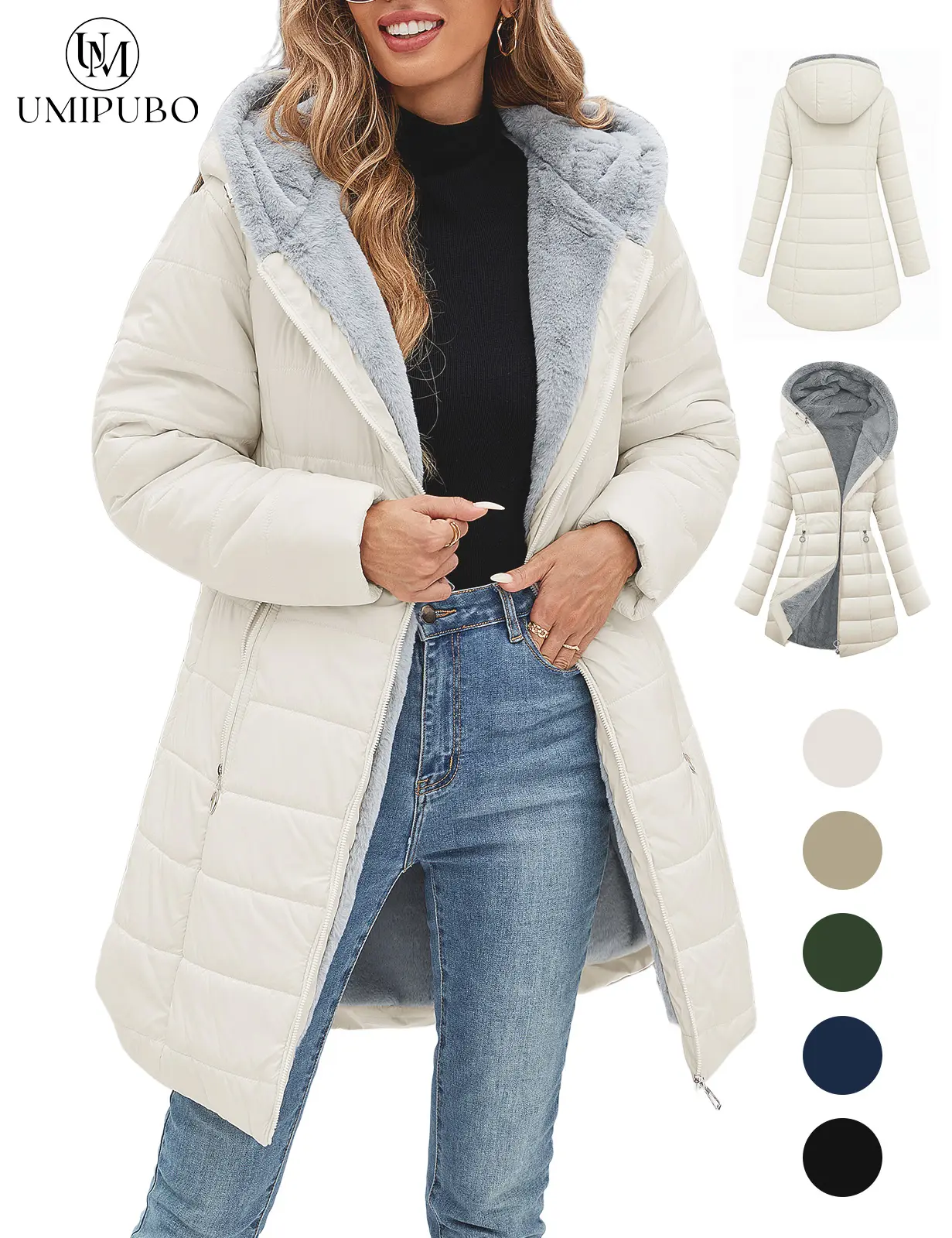 UMIPUBO Women's Long Sleeve Windproof Fur Warm Slim Fit Down Outerwear - Waterproof Full Zip Ski Coat with Zipper Closure, Casual Commuting Womenswear Jackets