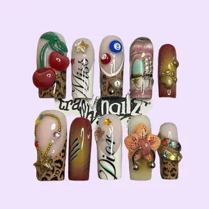Aura Nails - Spring Garden Press-On Nails Floral, Green, and Pastel with 3D Charms, Medium Almond Shape, 50g Plastic, Includes 10 Upside-Down Nails