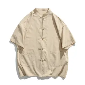 New Chinese‑style retro casual men’s short‑sleeve shirt with frog buttons; vintage Chinese‑style linen short‑sleeve shirt with frog buttons; cotton‑linen mandarin‑collar blazer‑style shirt; trendy loose‑fit shirt