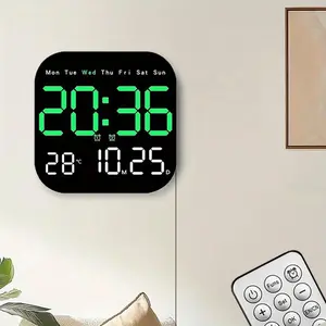Intelligent Large Screen Digital Living Room Wall Clock with Remote Control, Battery Powered LED Wall Clock with Calendar Time and Temperature Display, Valentine's Day Gift, LED Alarm Clock, Digital Clock Decor