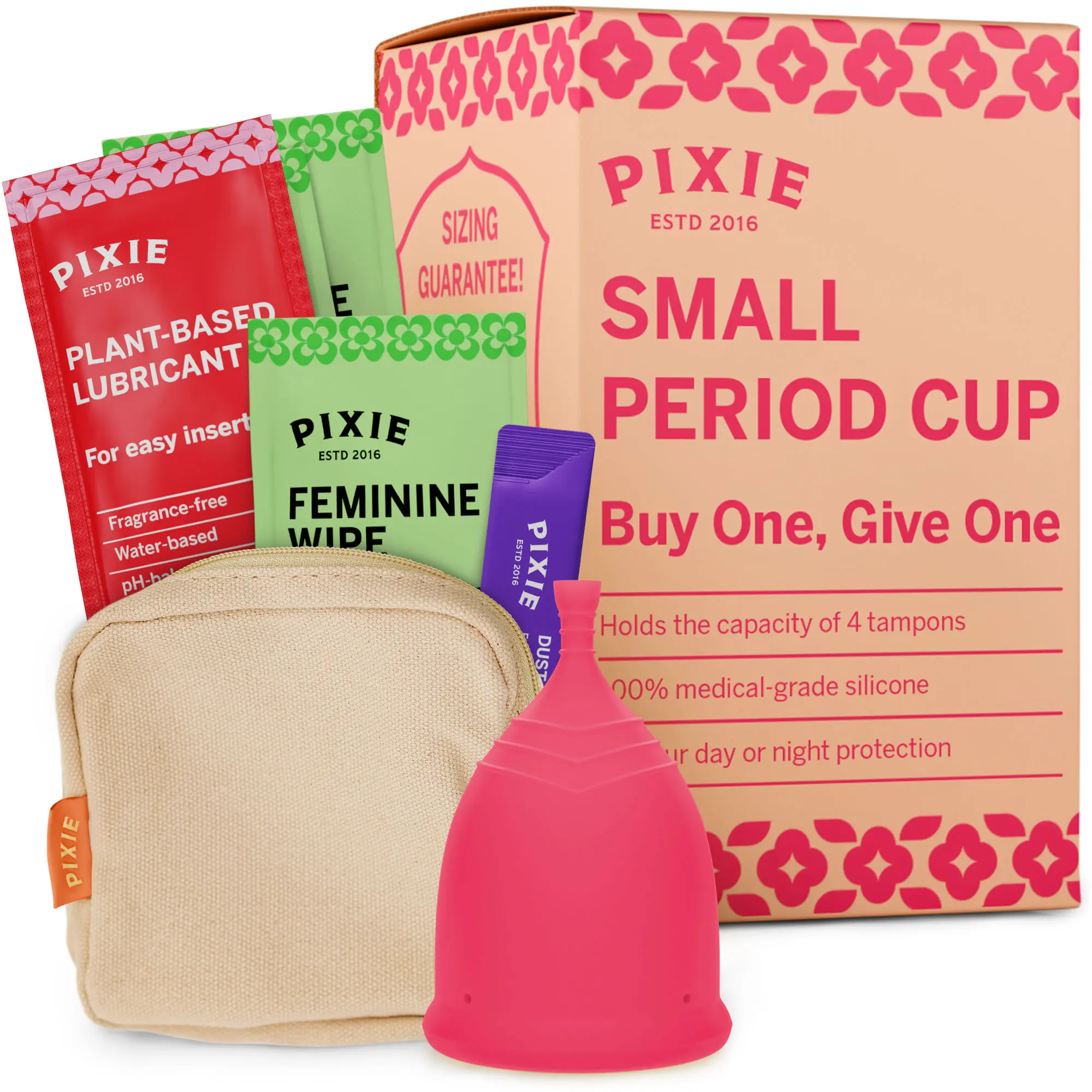 Pixie Soft Menstrual Cup - Ranked 1 for Most Comfortable Reusable Period Cup - Buy One We Give One - Includes Ebook Guide, Cleaning Wipes, Lube, & Storage Bag - Tampon and Pad Alternative (Small, Pink)