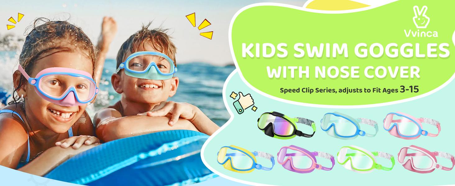 [Spring Shine]Vvinca Kids pool accessories-2 Pcs-Swim-Goggles with Nose Cover,   Wide View Anti Fog UV Anti Shattered Lens for Kids 3-6/6-12/12+ (Please refer to the dimension drawing in Figure 2)