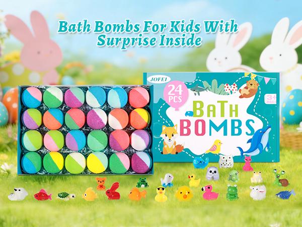 Bath Bombs for Kids with Surprise Inside, 24 Pack Kid Bath Bombs Gift Set, Easter Basket Stuffers for Boys Girls Bubble Bath with Toys Inside