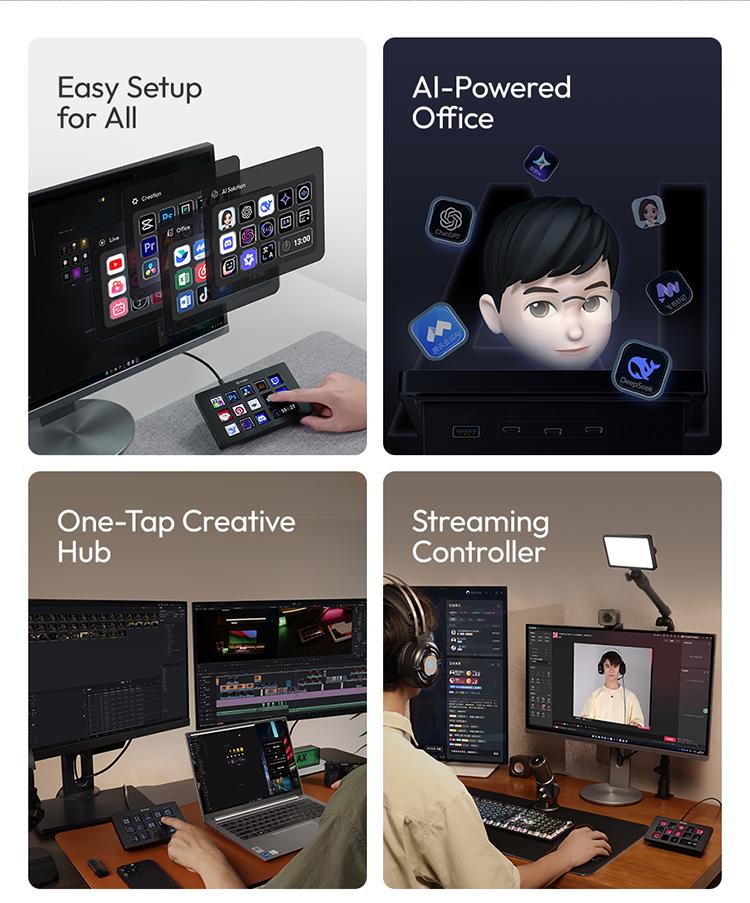 Ulanzi D200H Gaming Stream Controller,Control Pad, 7-in-1 Deck U-Studio Stream Controller Keyboard，with 14 LCD Keys, 13 Customizable Macro Keys Dock to Control Apps and Software, Trigger Actions in OBS, Twitch, YouTube, for Mac/PC