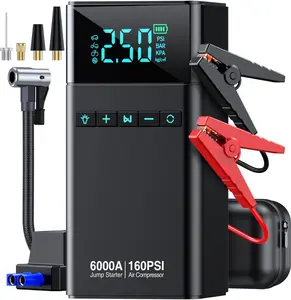 Portable Car Battery Jump Starter with Built In Air Compressor, 6000A Peak Power 160PSI Tire Inflator, 12V Jump Box for Gas and Diesel Engines, Smart Jumper Cables and LED Emergency Lights for Roadside Safety