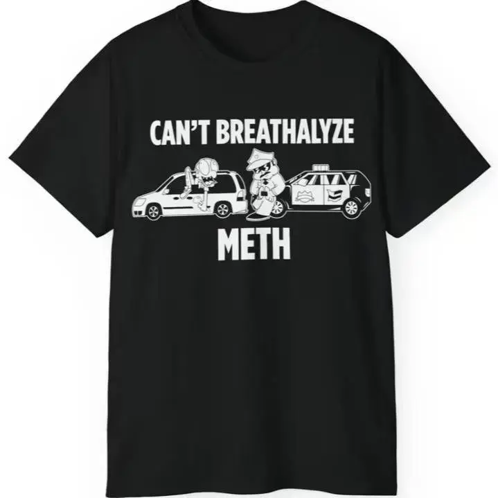 Women's Classic Cotton Graphic Round Neck Tshirt - Relaxed Fit, Loose-Fit, Casual Fashion Comfy Breathable Lightweight Top, "Can't Breathalyze Meth" Design, Maroon