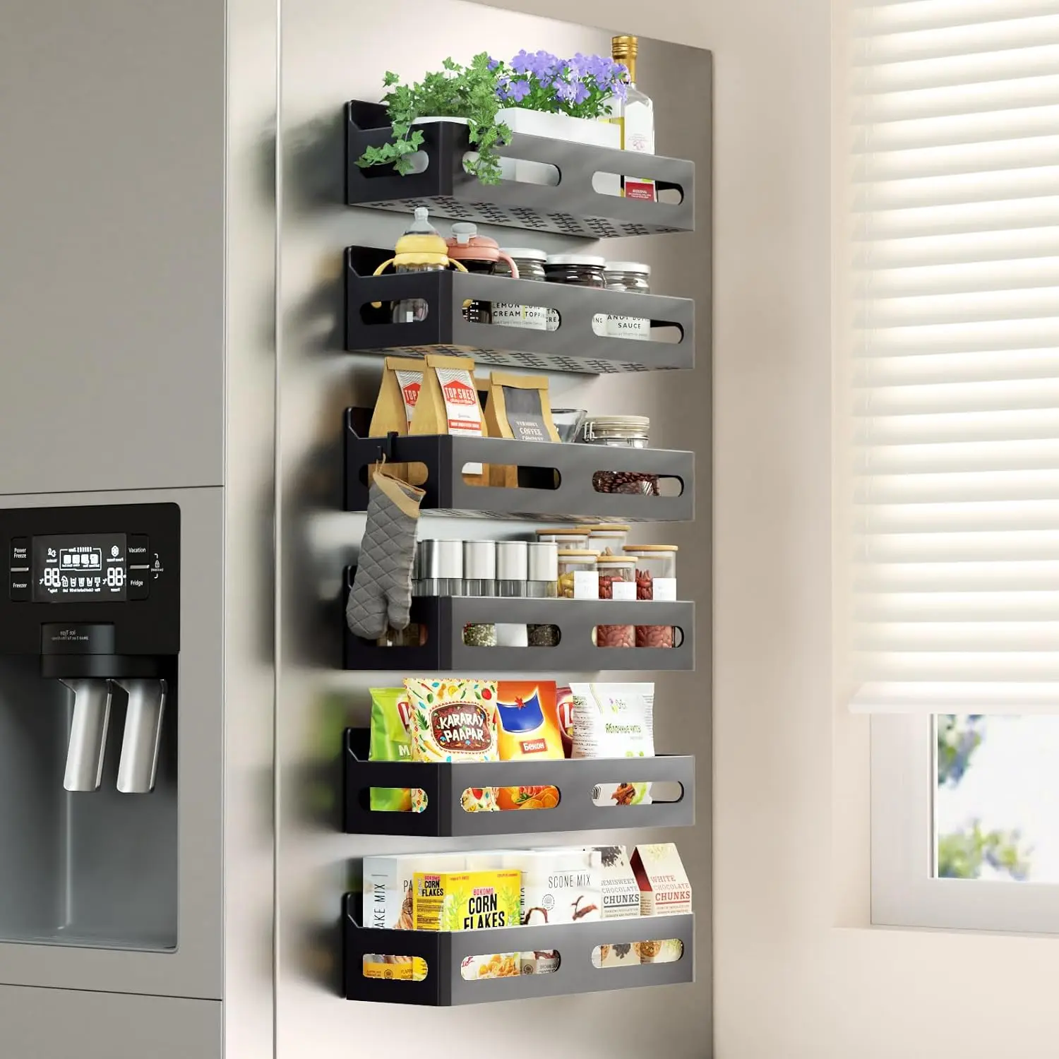 6-Pack Magnetic Spice Rack for Refrigerator with Hooks, Black | Strong multipurpose magnetic shelf for kitchen & bathroom organization. Includes 4 removable hooks for hanging items.