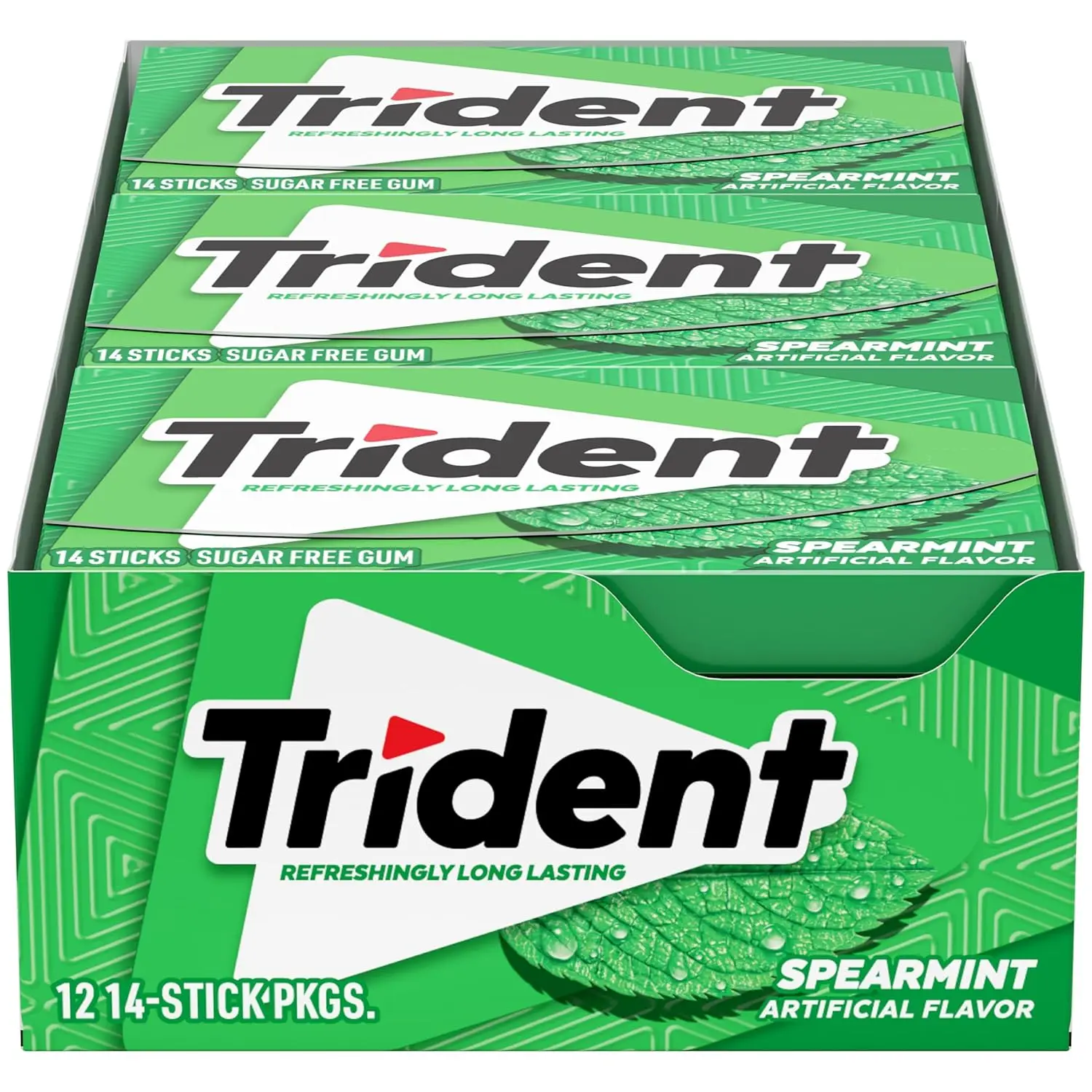 Sugar-Free Spearmint Chewing Gum - Trident Xylitol-Infused Low Calorie Snack, 12 Ambient Bags (14 Sticks Each, 168 Total Pieces) for Gum Bulk Needs & Goodie Bags