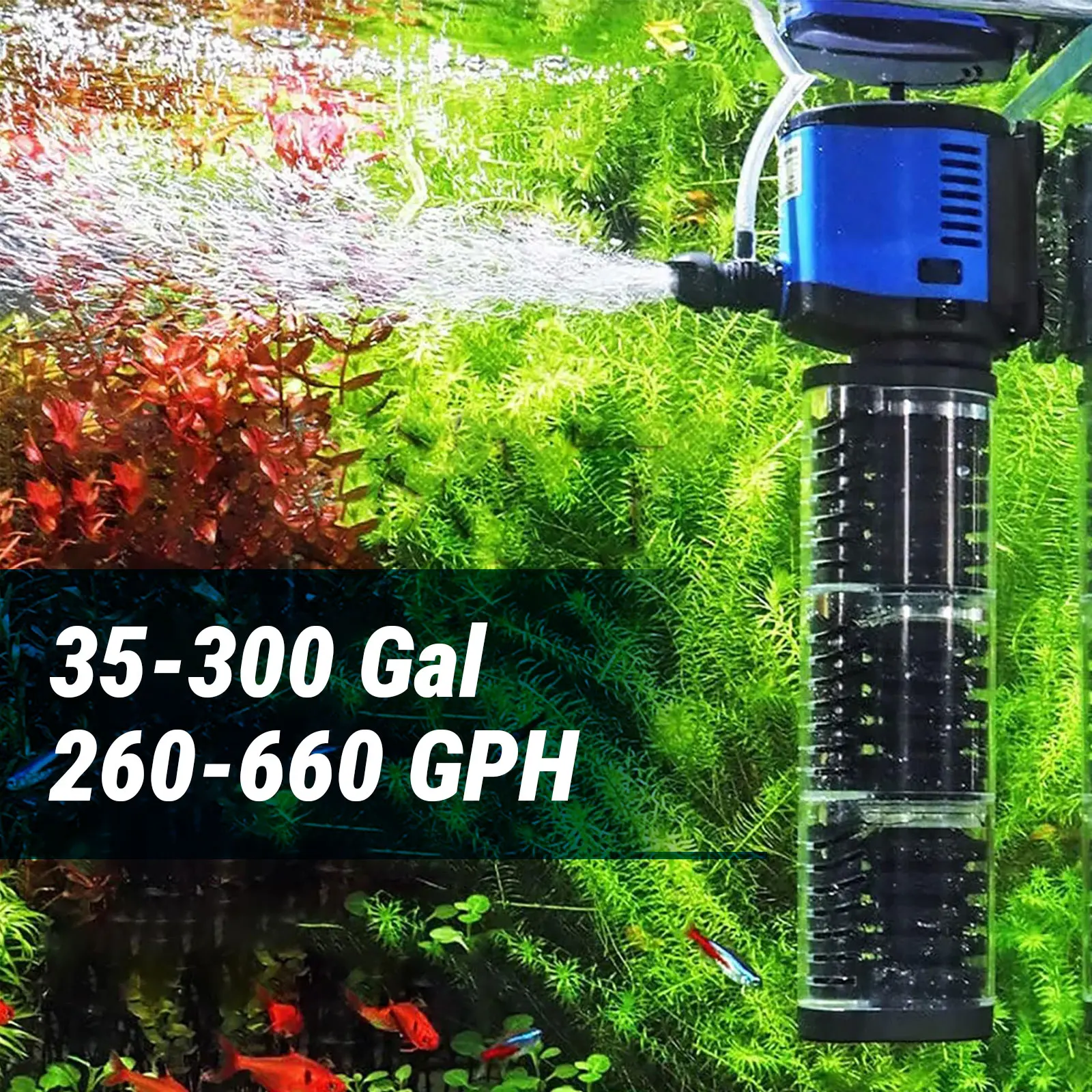 TARARIUM Aquarium Filter 3-Stage in-Tank Filter Internal 260–660GPH Fish Tank Filter for 30-300 Gal Tank with Wave Maker & Oxygen Supply, Turtle Tank Filters, Small Ponds,Saltwater & Freshwater Systems, fish tank accessories