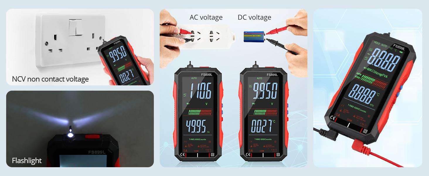 USB Rechargeable 6000 Counts Digital Smart Multimeter Auto-Ranging with Large Display Capacitance Ac/Dc Voltmeter Resistance NCV Temperature Continuity Diode Live Check Electric Tester Tool