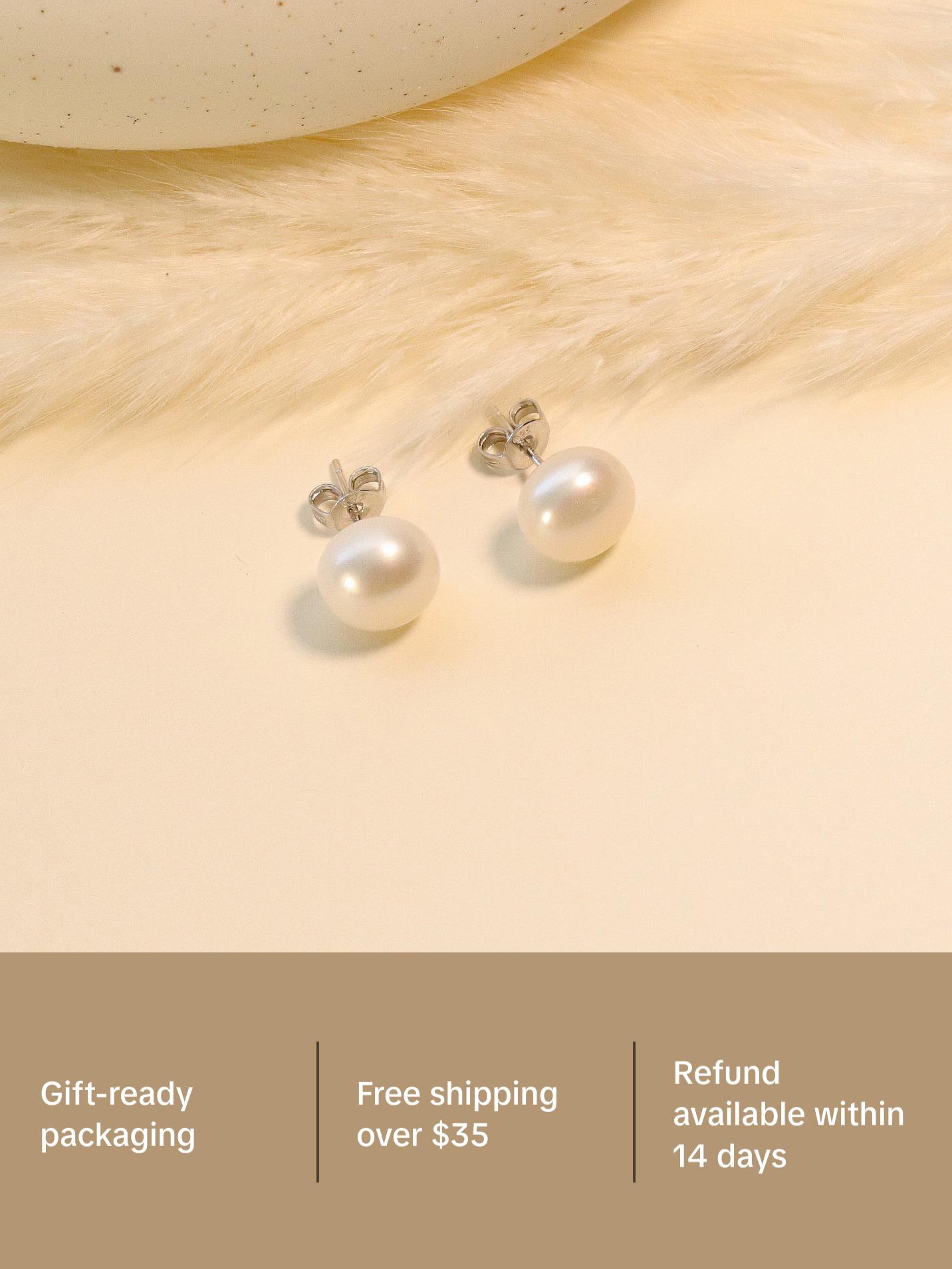White Freshwater Pearl 10mm Stud Earrings, 925 Sterling Silver, Minimalist Earrings for Daily Wearing