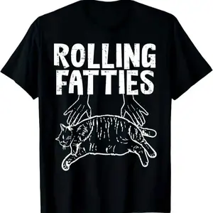 100% Cotton Rolling Fatties Cat Graphic T-Shirt, Cotton Crew Neck, Short Sleeve