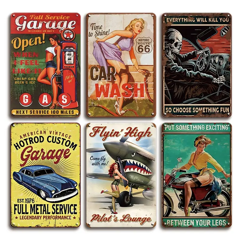 6pcs Pin Up Girl Tin Sign Garage Poster Wall Art Decorative Hanging Plaque Metal Signs & Plaques For Home Man Cave Garage Bar Pub Cafe Shop Store Decoration Vintage Garage Signs
