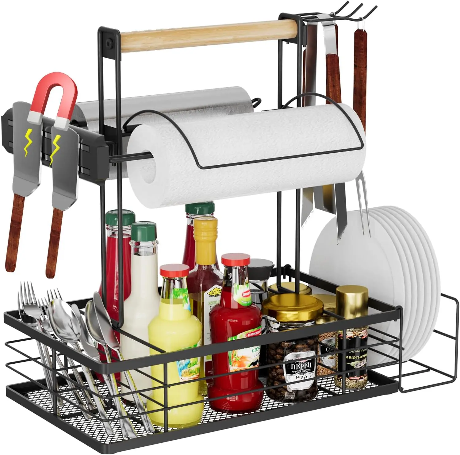Grill Caddy with Magnetic Tool Holder, Paper Towel Holder, Cutlery Organizer & Condiment Storage, Camping Accessory for Outdoor Camping & Barbecue Cooking