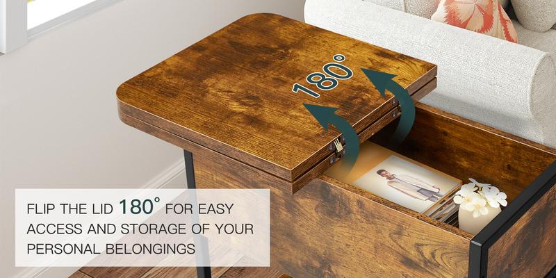 EROMMY Multi-Functional Flip Side Table w/USB Charging Station, 360° Swivel Wheels & Storage Shelf | Space-Saving Slim Design for Living Room/Bedroom | Rustic Brown Wood End Table