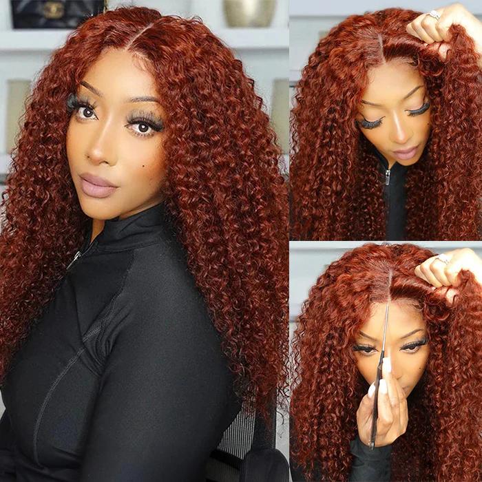 Pizazz Hair #33 Reddish Brown Curly Glueless Wig Pre-plucked 8x5 Pre Cut HD Lace Wig Quick & Easy Install