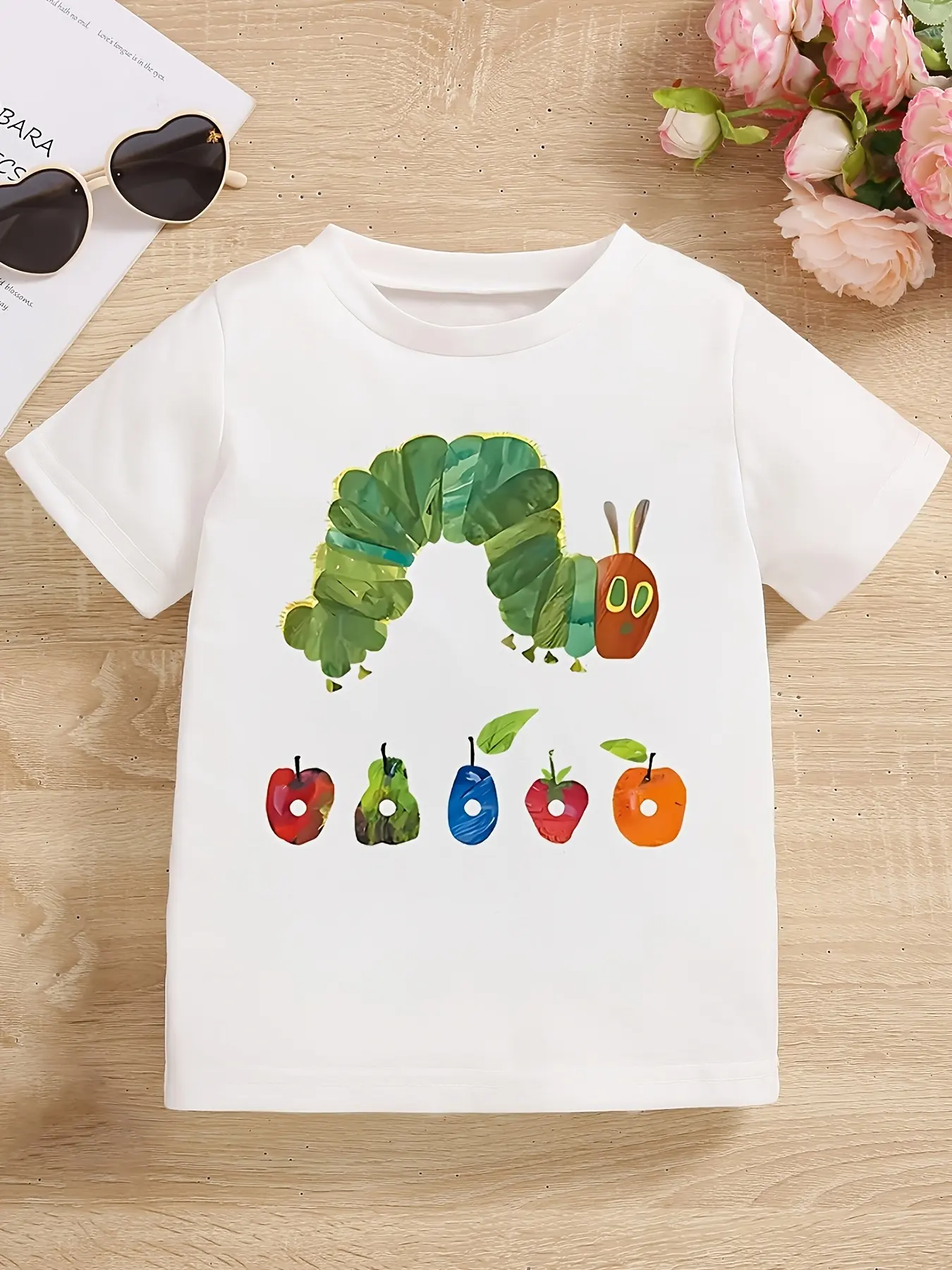 Toddlers' Playful Fashion T-Shirt - Cotton Short-Sleeve Scoop Neck Graphic Printed Tees, Funny Caterpillar & Fruit Print Comfortable Daily Tee for Casual Wear