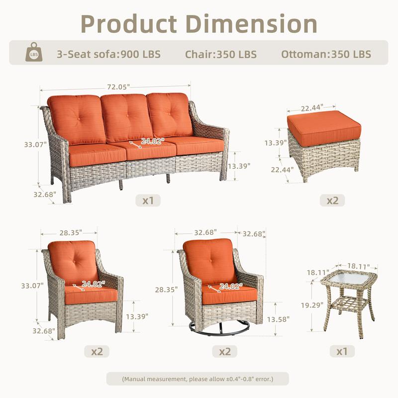 Outdoor Wicker Patio Furniture Set 8-PCS with A 3-Seat Sofa, 2 Swivel Rocking Chairs, 2 Armchairs, 2 Ottomans and 1 Side Table Patio Conversation Set for Comfortable Outdoor Space