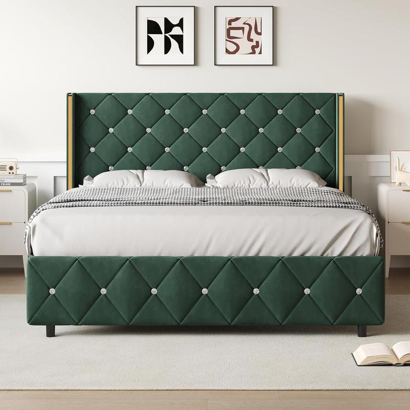 HOMBCK Bed Frame, No Mattress, Upholstered Platform Bed Frame with Wingback Diamond Tufted Headboard