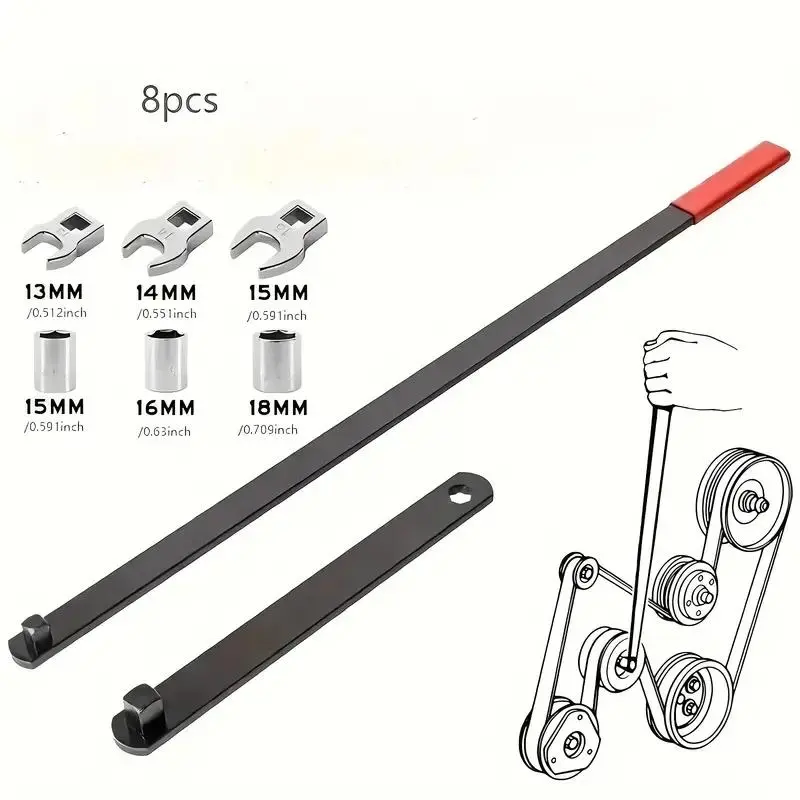8pcs Professional Automotive Serpentine Belt Tool Set, Universal 3/8" 1/2" Drive Serpentine Belt Adjust Tightener Wrench Tool Set, Idler Pulley Adjuster Wrench, Easy To Install, Automotive Belt Removal And Installation Kit For Car Engine Repair
