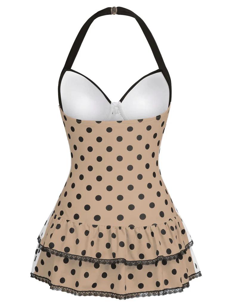 Blue 1940s Halter Polka Dots Bow One-Piece Swimsuit