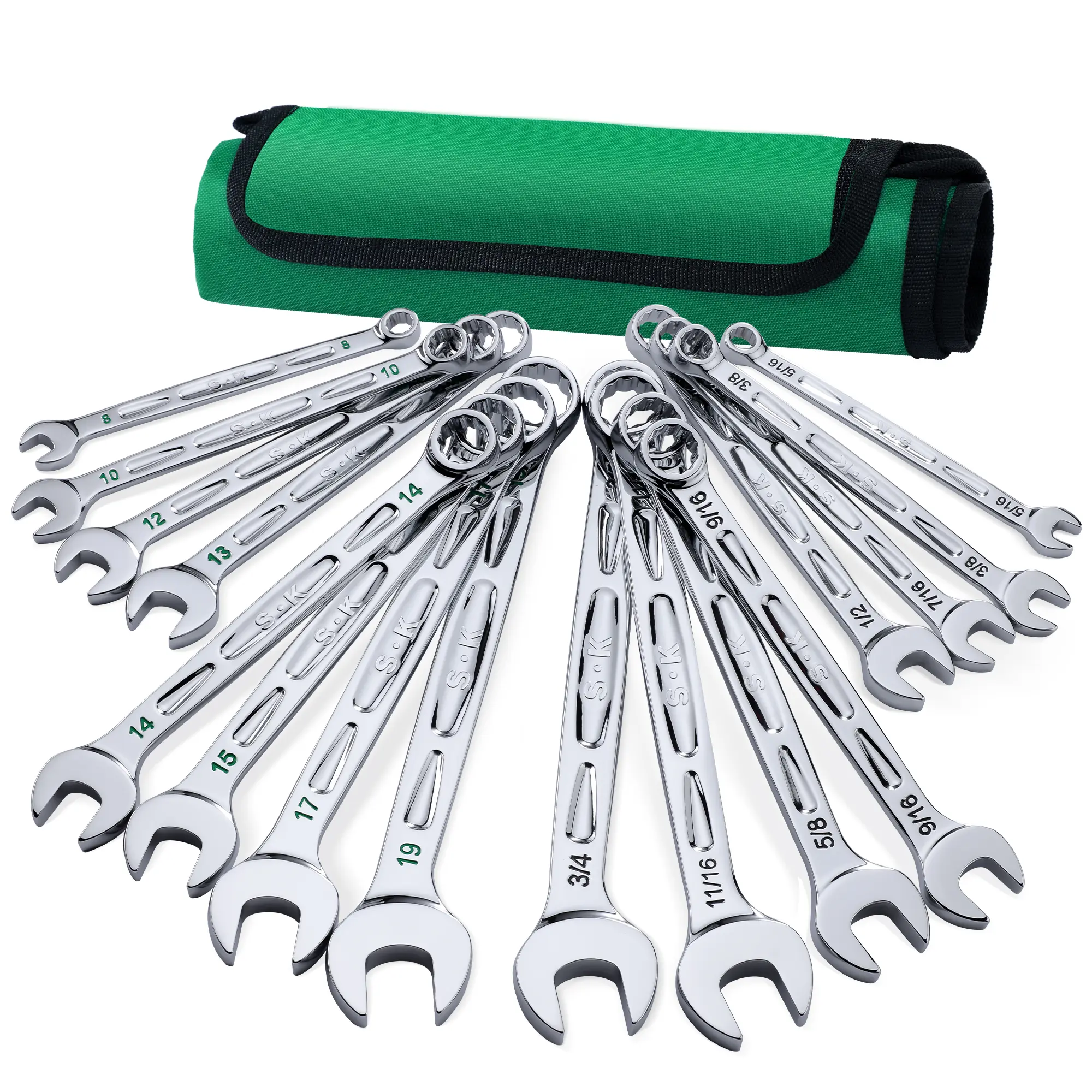 #backtoschool SK Combination Wrench Set, SAE & Metric, SuperKrome Finish, Premium CR-V Construction, with Rolling Pouch