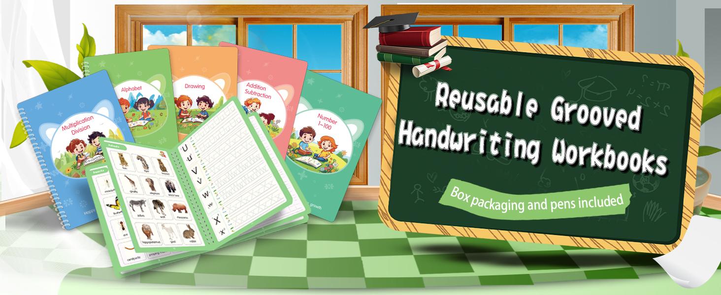 4 Pcs Reusable Grooved Handwriting Practice Books Magic Copybook with Disappearing Ink Pens Pencil Grips for Kids Age 3-8 Preschool Learning Activities