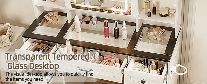 LED Vanity Table with Sliding Barn Door, Glass Top Makeup Desk with Outlet & Charging Station, 3-Color Lights, Multi-Drawer Organizer for Bedroom, Modern Adjustable Storage Dresser