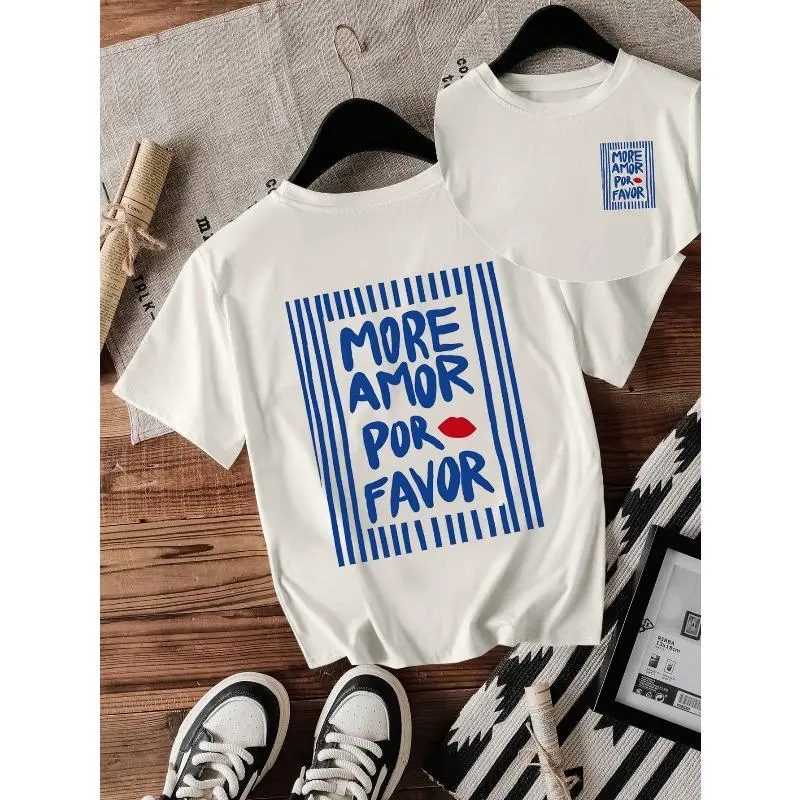 Women More Amor Por Favor Casual Slogan T-Shirt 100% Cotton Versatile Regular Tee Short Sleeve Top Y2k Tops