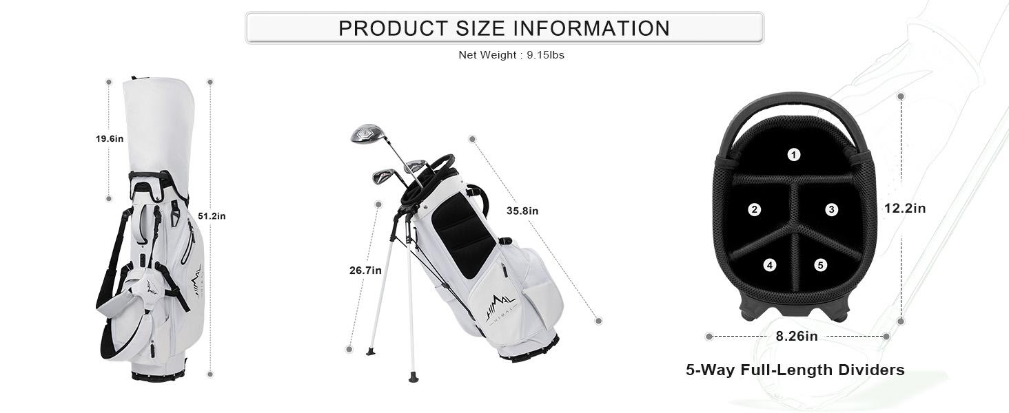 UNIHIMAl Lightweight Golf Stand Bag with 5 Way Full-Length Dividers, Semi-Concealed Stand, Folding Base, Adjustable Dual Straps and 8 Pockets White