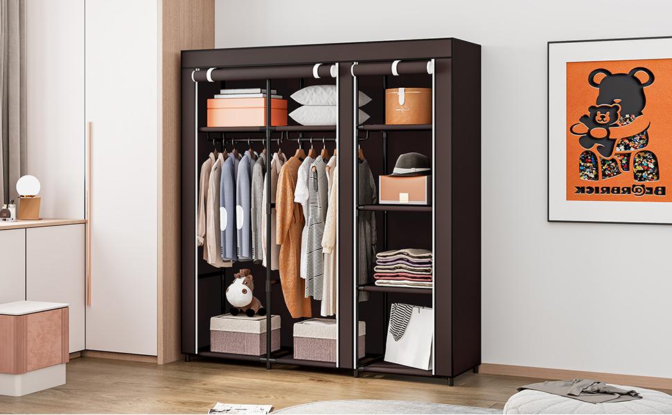 Portable Closet Organizer - Heavy Duty Metal Hanging Rack with Durable Non-Woven Fabric| Space Saving Wardrobe Storage Solution for Bedroom/Closet| Foldable & Adjustable (White/Black)